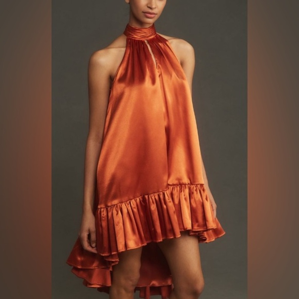 Mac Duggal Rust/Orange Key Hole Halter Swing High-Low Dress: Size Small